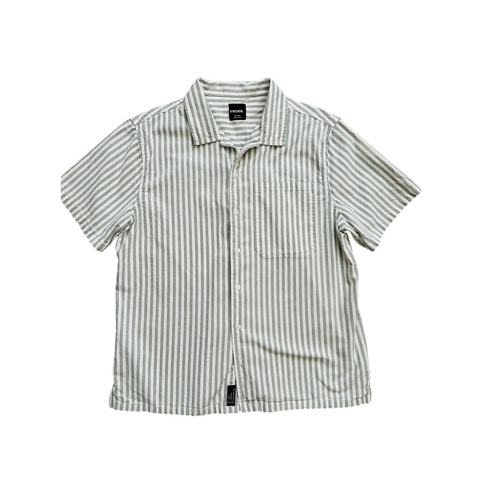 RSQ Mens Medium Green White Striped Camp Shirt Button Up Cotton Pocket